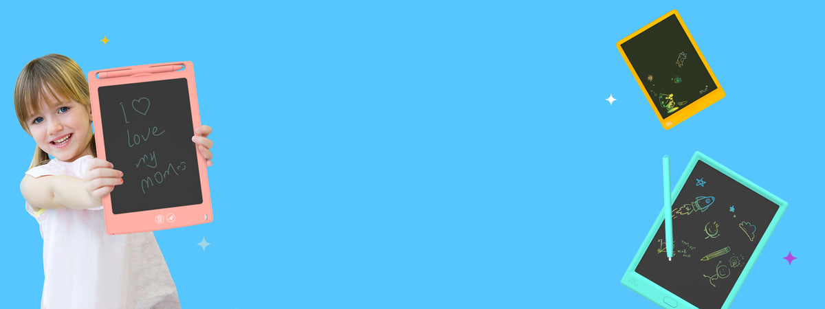 Child holding a digital tablet with a black screen on a blue background